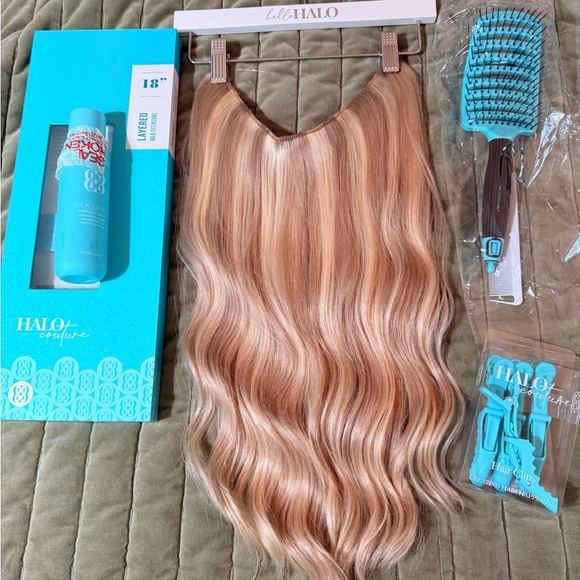 Halo Tan and Blue Wavy Hair Extensions-brush, pick, box,...